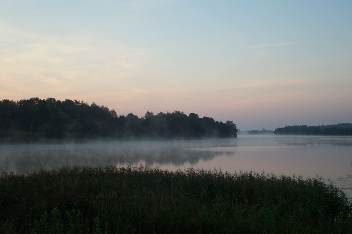 Des morgends unterwegs nach Goldap. Es ist kalt, Nebel liegt ber dem See., Wildrich